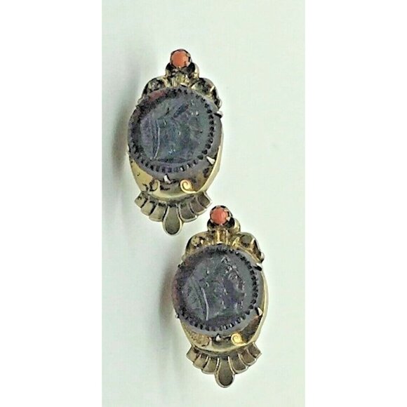 Victorian Sterling Silver Cameo Roman Greek Goddess Screw Back Earrings Coral - Picture 1 of 3